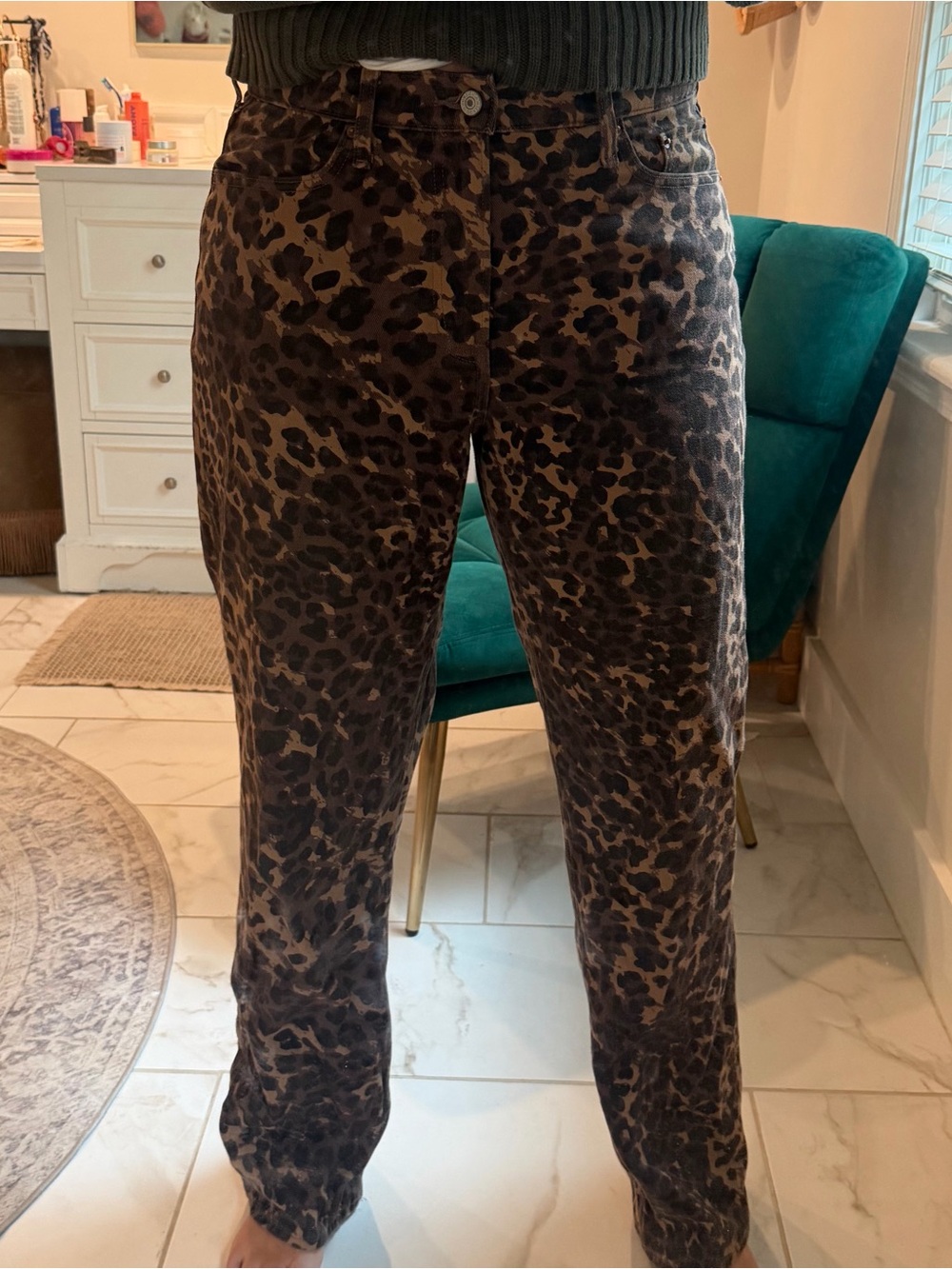 Abercrombie & Fitch Women’s Baggy Low Rise Leopard Print Jeans - Brown/Black